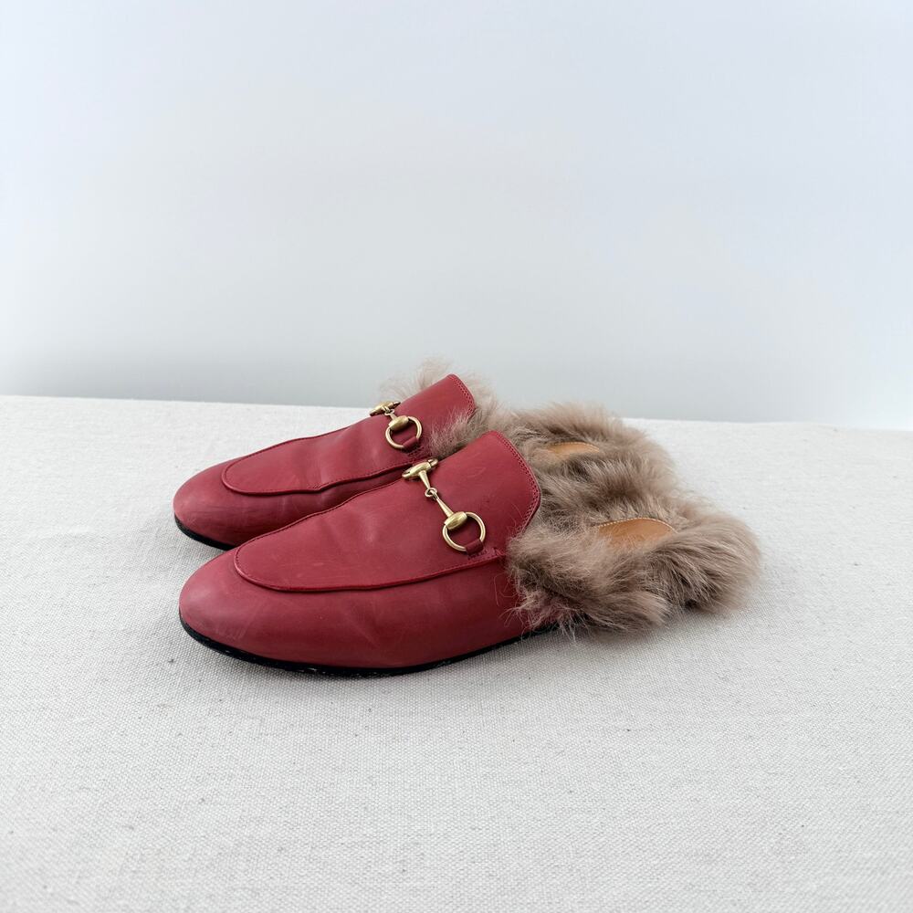 Gucci  Princetown Leather Slip On Flat Mules with Fur Red Women's Size EU 39.5 - Picture 2 of 6